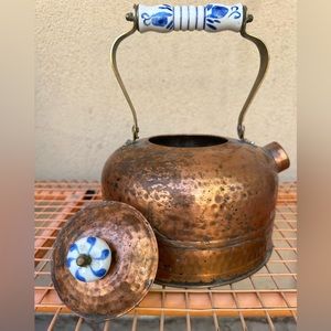 Vintage Blue and White Porcelain Handle Copper&Brass Teapot